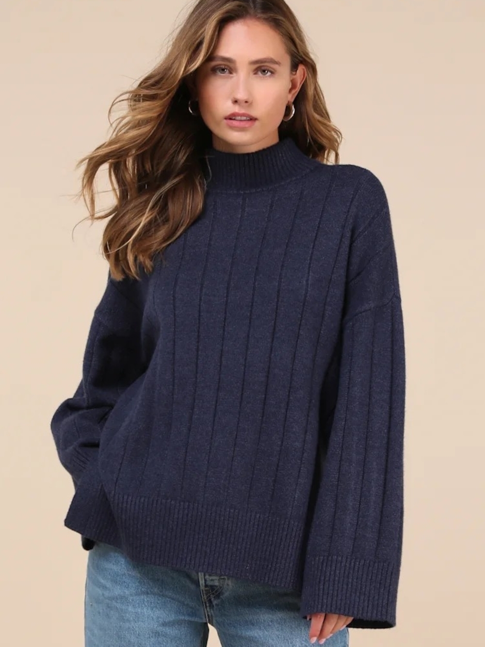 Lulu's Seasonal Snuggles Navy Ribbed Turtleneck Sweater Oversized Women's Small